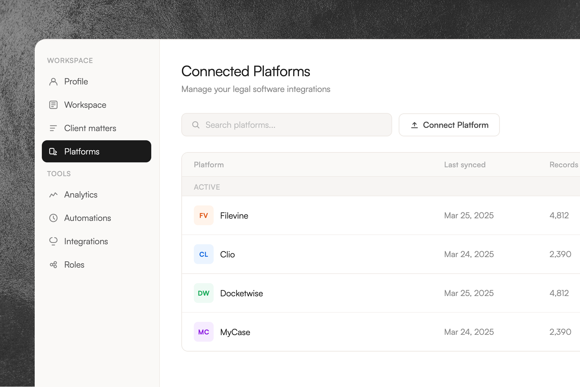 Legal Software Dashboard