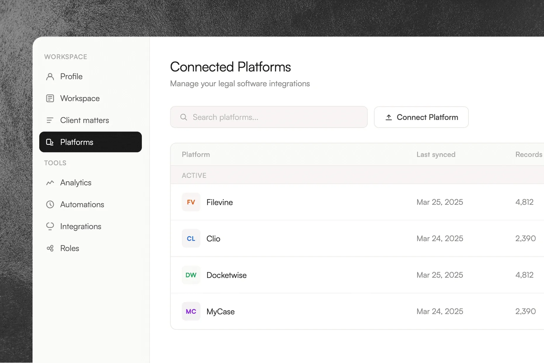 Legal Software Dashboard